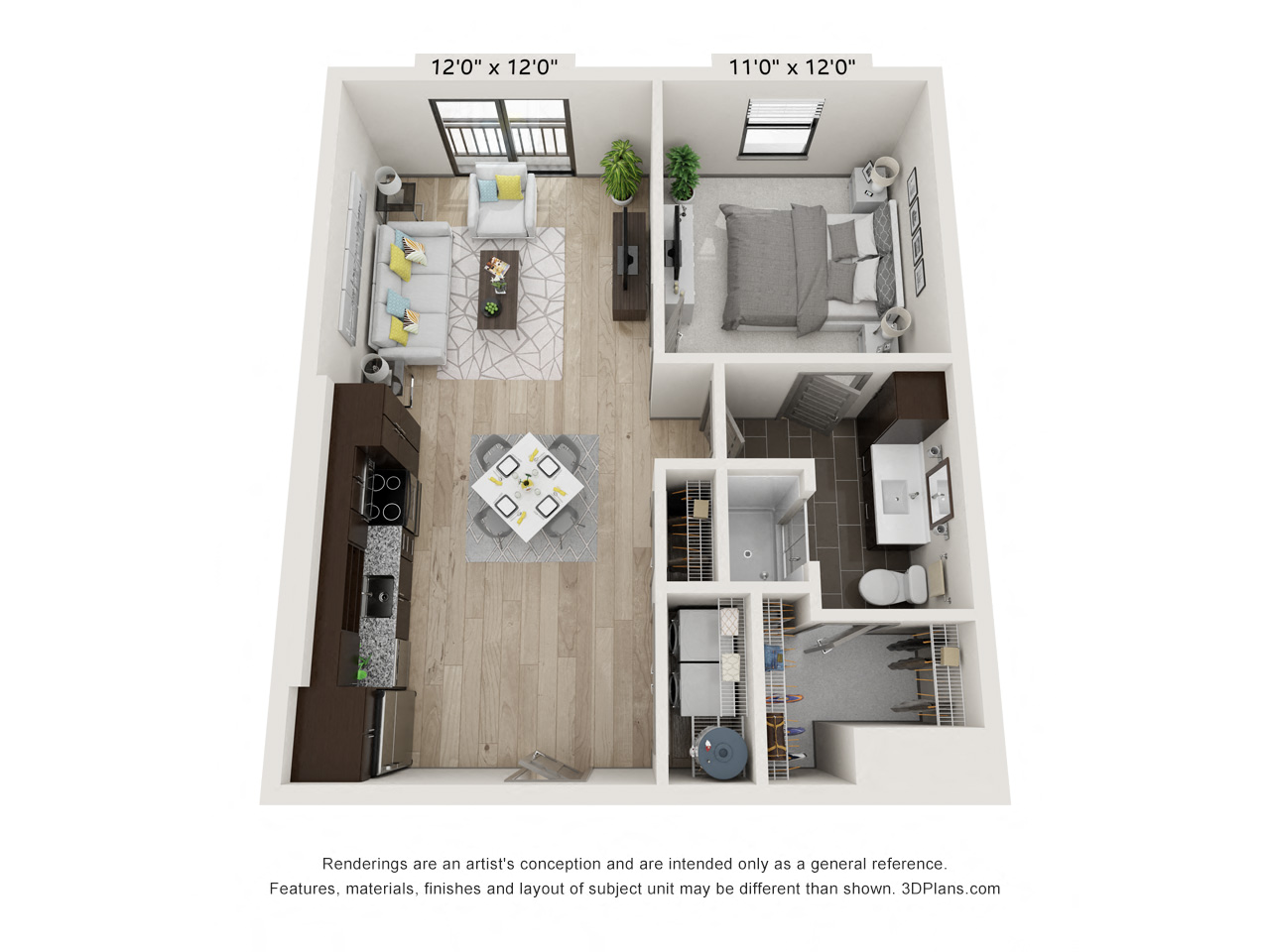 Floor plan for 1 bed, 1 bath, 679 sqft